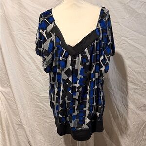 Fashion Bug Blue and Black Geometric V-Neck Tunic